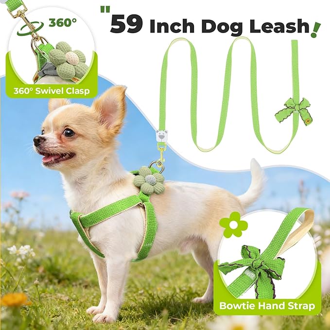 PETCARE Cute Flower Dog Harness and Bowtie Leash Set Easy Walk Puppy Dog Halter Harnesses for Small Dogs Boy Step in Dogs Harness with Buckle (Green, Chest Adjustable 11"-17", Rope Width 0.59")