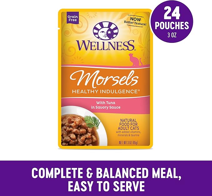 Wellness Healthy Indulgence Morsels Adult Wet Cat Food, Natural, Protein Rich, Grain Free, Tuna Recipe, 3 oz, Pack of 24 Pouches
