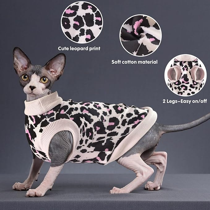 Idepet Cat Clothes Kitten Sweater Soft Kitten Shirt Cute Leopard Print Kitty Vest Pullover Pajamas Jumpsuit Cotton Apparel for Hairless Cats & Puppy (Pink,S)