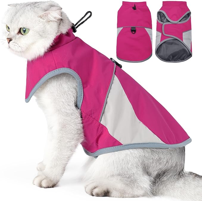 ETIAL Reflective Cat Winter Jacket, Adjustable Cold Weather Cat Clothes Outfit Apparel with Traction Buckle, Windproof Waterproof Warm Cat Vest for Walking Hiking (Pink,S)