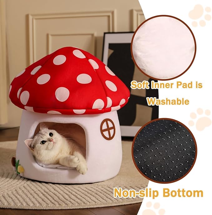Mushroom Cow Cat Bed House for Indoor Cats & Small Dogs - Soft Cave-Style Pet Nest with Removable Washable Cushion, Plush Semi-Enclosed Cat Cave Tent, Red & White, Cozy Non-Slip Calming Bed