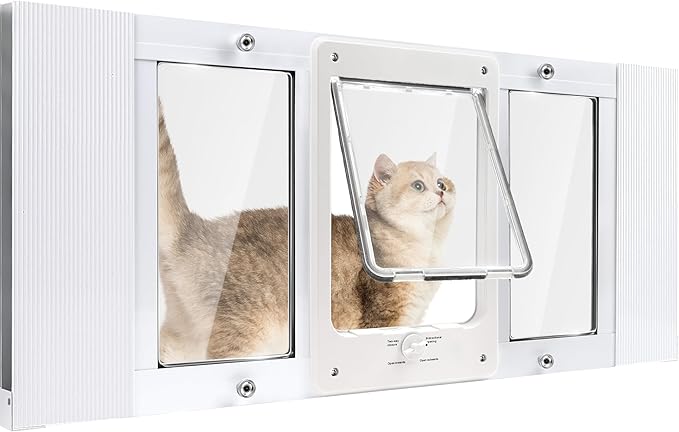 Full-Size Window Pet Door for Cats & Small Dogs, Fits 28"-32" Width Windows, No Damage Cat Door for Window, Lockable Window Mount Cat Door, Weatherproof Cat Door Window Insert Horizontal
