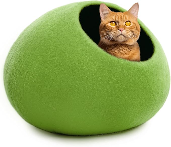 Woolygon Premium Felt Cat Cave Bed – Wool Kitty Beds Handcrafted Kitten Caves Bed for Indoor Cats - Made from Merino Wool, Foldable Cat Hideaway Covered Cat House Pod (Green Plain)