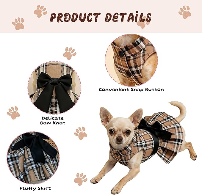 Classic Plaid Dog Dress with Bow Tie for Small Dogs Cats Girls, Cute Puppy Dresses Clothes with Bowknot Chihuahua French Bulldog Pet Apparel Outfits (Chestnut Brown, Small)