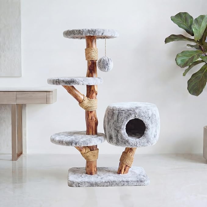 Leo & Lexi Modern Cat Tree Tower with Cave, Real Wood Cat Scratching Post with Bed for Indoor Cats Large Adult, Solid Wooden Climbing Tower, Aesthetic, Luxury Pet Furniture