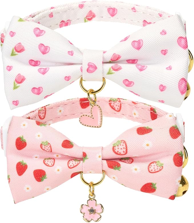 2 Pack Cat Collars, Removable Bowtie, Pink Heart Pattern, Safety Breakaway Clasp, Adjustable for Cats.(Adult Cat, Pink Strawberry and White Heart)