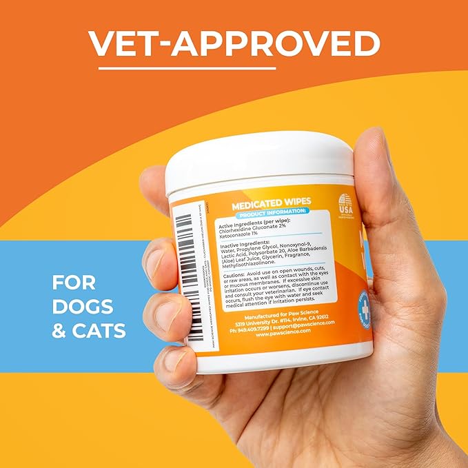 Paw Science Antibacterial & Antifungal Medicated Wipes for Dogs and Cats – 100 Count - Chlorhexidine Wipes with Ketoconazole for the Treatment of Rashes, Skin Infections, Itchy Paws, and Pet Acne