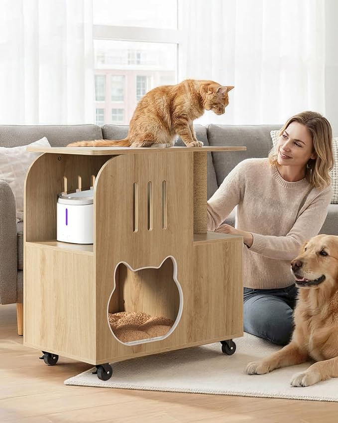 FIMELLO 25.6" Wx15.7 D x 28.5" H Cat Feeding Station, All-in-One Cat Food Table Cart with Moving Wheels, Scratcher End Table, Two Feeding Bowls