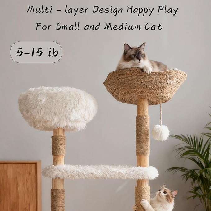 51" Modern Cat Tree Tower for Indoor Cats, Natural Solid Wooden Cat Tower with Sisal Scratching Post, Luxury Cat Furniture with Hand-Woven Natural Rattan Nest for Multi-Cat Households