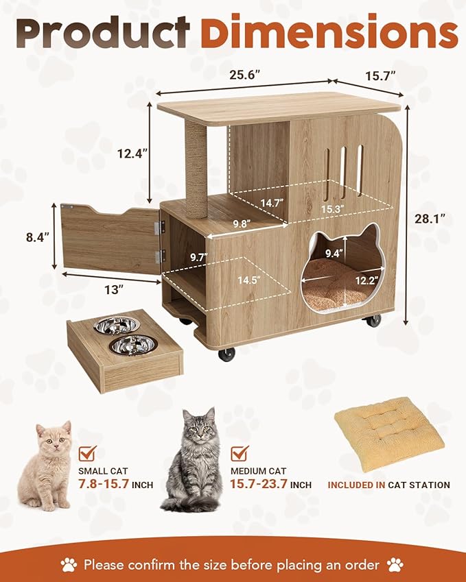 FIMELLO 25.6" Wx15.7 D x 28.5" H Cat Feeding Station, All-in-One Cat Food Table Cart with Moving Wheels, Scratcher End Table, Two Feeding Bowls