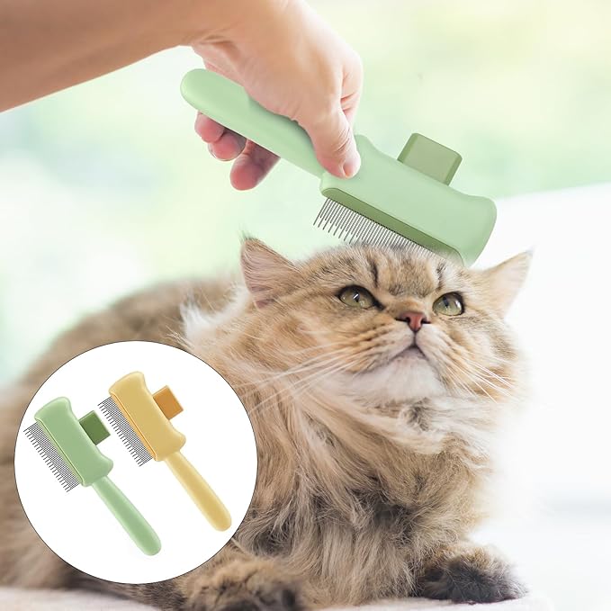 2-Pack Pet Grooming Brush, Self-Cleaning Deshedding Brush & Fine Tooth Comb, Rounded Stainless Steel Teeth for Dogs Cats Short Long Hair