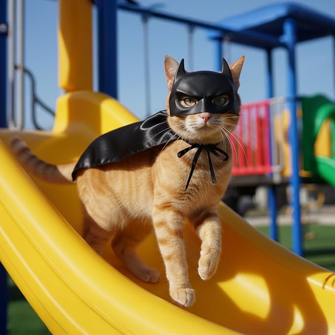 Black Bat Cat Mask and Cloak Costume for Indoor Cats, Funny Superhero Pet Outfit for Christmas, Cosplay, Parties and Photoshoots, Hooded Cape for Cats Big Size