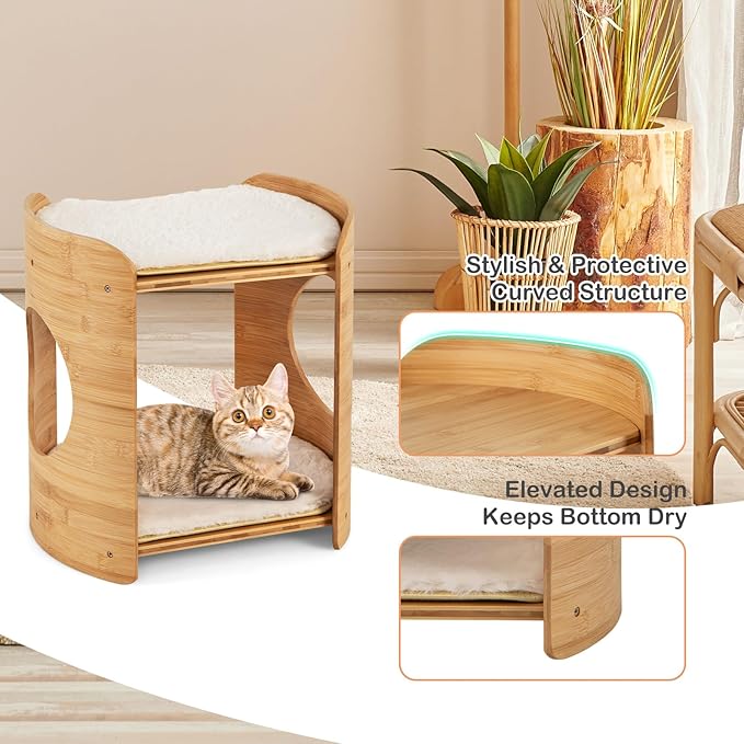PETSITE 2-Tier Indoor Bamboo Cat Bed, Boho Cat Condo with Double Cat Beds, Removable & Washable Cushions, Minimalist Kitten Bed for Indoor Cats, 16 x 13 x 16 inch