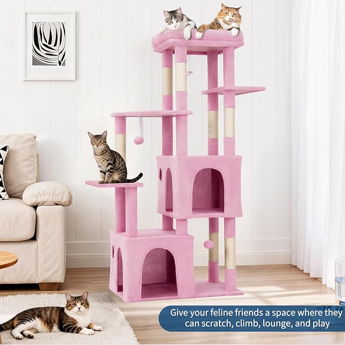 61.4 Inch Cat Tree, Large Cat Tower with Sisal Scratching Posts, 2 Spacious Cat Beds, Hanging Ball & Top Perch, Ideal for Large Indoor Adult Cats, Pink