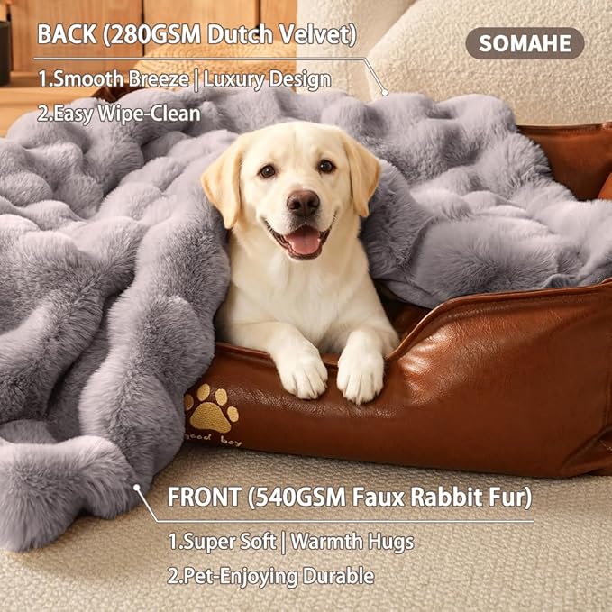 SOMAHE Dog Blanket, Reversible Sherpa & Bubble Fleece Pet Throw, Ultra-Soft Plush for Medium Dogs, Machine Washable, Anti-Static, Warm & Cozy, 39"×31" Inch Gray