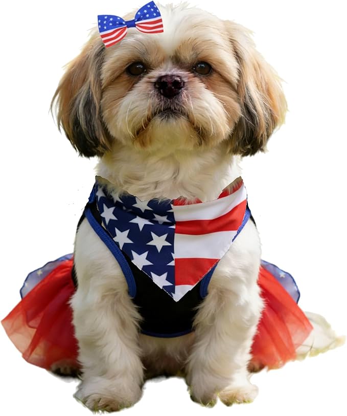 Small Dog Cat America's 250th Anniversary 4th of July Dress, Bandana & Bow Clip 3 Piece Accessories M