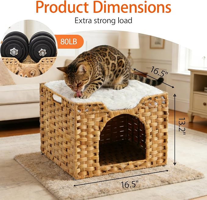 Rattan Cat House for Indoor Cats, Large Cat Bed Cave with One Bed Mat, Foldable Cat Condo Cube Hideaway for Multi Small Pet