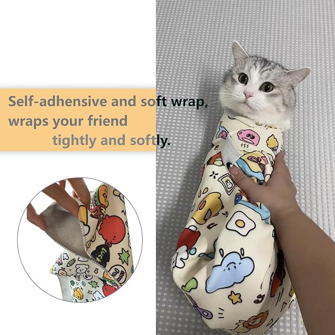 Cat Grooming Wrap - Multifunctional Anti-Bite & Scratch Blanket for Nail Trimming, Medicine, and Injection, Self-Sticking Wrap for Calm & Safe Pet Care (Cute Prints, M-21.7inch Within 6lbs)