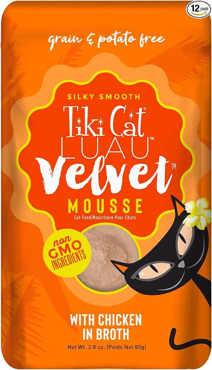 Tiki Cat Luau Velvet Mousse, Chicken in Broth, Complete Nutrition for Balanced Diet, Wet Cat Food For All Life Stages, 2.8 oz. Pouch (Pack of 12)