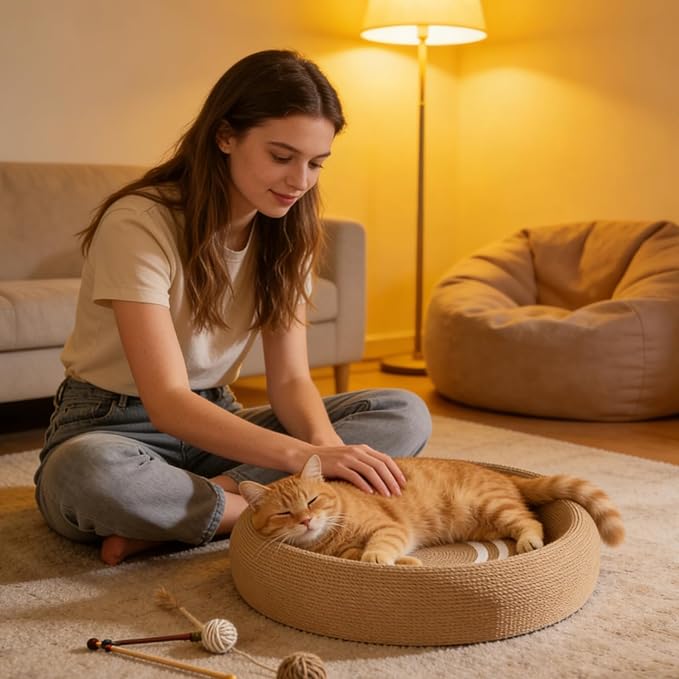 Feline Scratcher Bed – Natural Sisal Nail Sharpener Mat, Upholstery Guard Furniture | Residential Apartment Living Room Sleeping Space Floor Sofa Protection Comfort Activity
