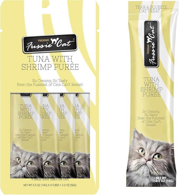 Fussie Cat Puree Grain Free Lickable Treat in 2 Flavors: 2 Tuna with Shrimp and 2 Ocean Fish with Salmon (4 Four-Tube Packs, 16 Tubes Total, 0.5 Ounce per Tube) Plus Shaynanigans Silicone Lid