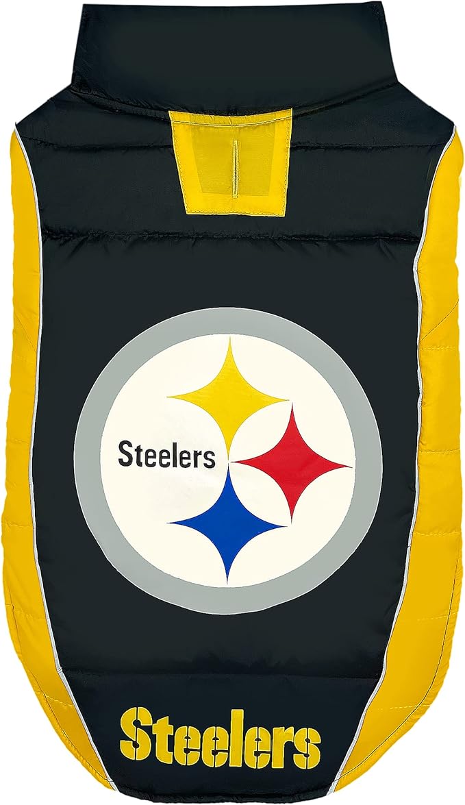 NFL Pittsburgh Steelers Puffer Vest for Dogs & Cats, Size Medium. Warm, Cozy, and Waterproof Dog Coat, for Small and Large Dogs/Cats. Best NFL Licensed PET Warming Sports Jacket