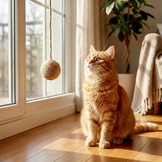 String Cat Toy Ball with 8 Inch Sisal Rope and Bell Inside, 1.7 Inch Sisal Rope Interactive Cat Ball Toy on String for Indoor Cats