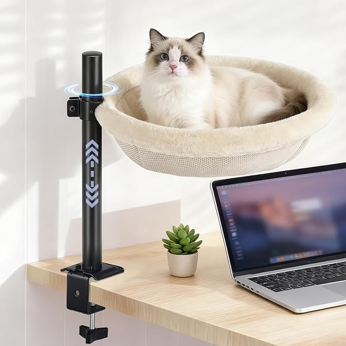 Cat Desk Bed, 360° Swivel Adjustable Height Cat Bed, Space-Saving Heavy Duty Steel Clamp-On Various Desktops, Soft Rabbit Faux Fur with Dual-Sided Reversible Mat, Cats Desk Hammock for Large & Kitten