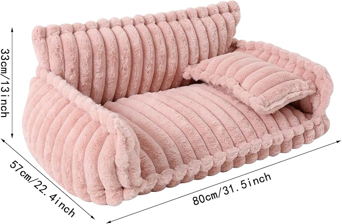 Plush Pet Couch, Soft Cat Bed with Bolster, Comfortable Pet Sofa for Indoor Lounging, Washable Cover, Large Size, Perfect for Medium to Large Breeds (Pink)