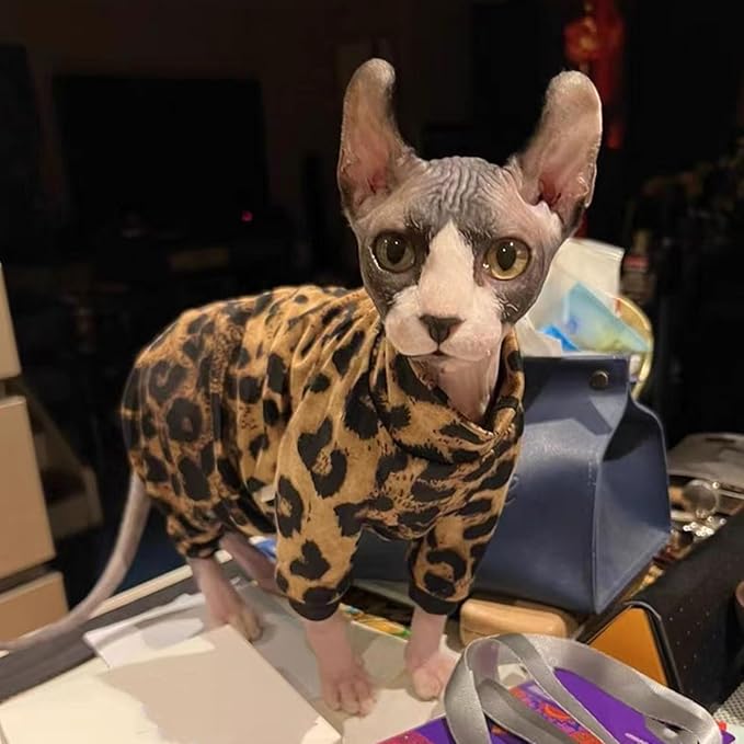 Sphynx Hairless Cat Four Leg Breathable Summer Spandex Pajamas Elastic Pet Clothes Cat Surgery Recovery Suit Vest Kitten T-Shirts Cats & Small Dogs Apparel (Leopard, M+ (7-8.6 lbs))