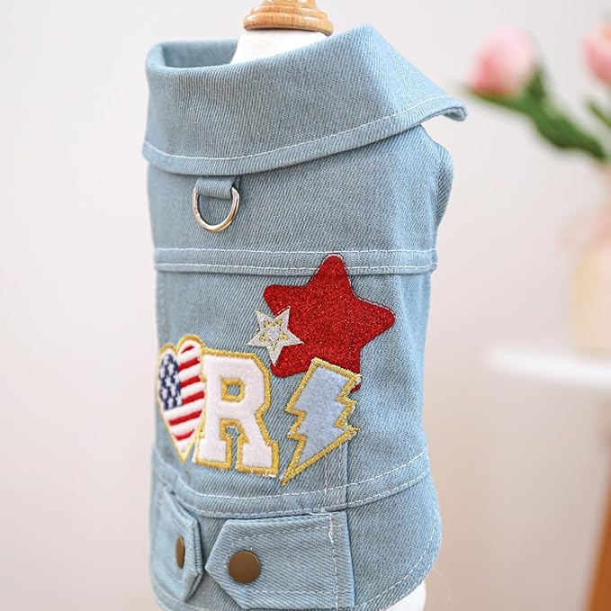 Trendy Dog Denim Vest with Embroidered Patches, Cute Puppy Jacket with D-Ring, Lightweight Pet Clothes for Small Dogs, Stylish Summer Outfit(L)
