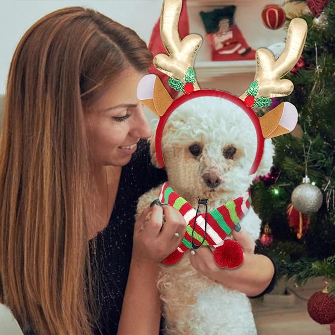 2Pcs Dog Christmas Outfit Dog Reindeer Costume Elk Antlers Headband and Red-White-Green Striped Scarf Set Pet Costumes Accessories for Dogs and Cats