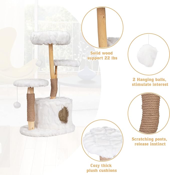 Cloud Cat Tree Aesthetic, Natural Wood Branch Cat Tree Tower with Large Condo, Soft Perches, Kitten Scratching Posts, Cat-Approved Modern Luxury Cat Tower, White