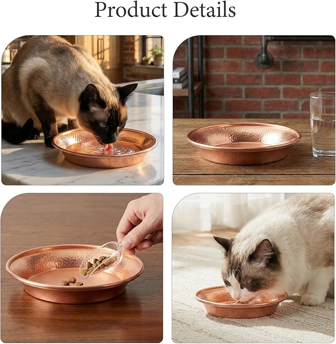Decorative Cat Bowl: Hammered Copper Pet Food & Water Basic Bowls for Cats and Dogs, 13cm/5in Wide Mouth Metal Snacks Dish, Easy Carry Pets Feeder