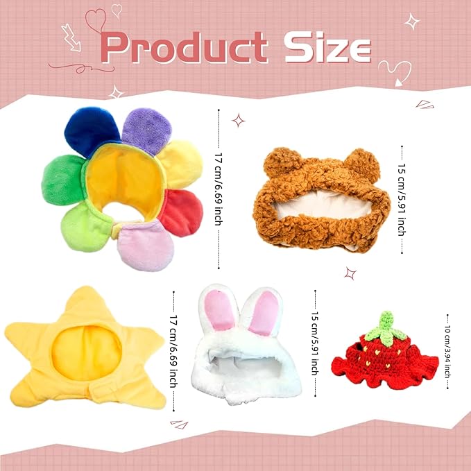 5 Pieces Cat Hat Adorable Cat Costume Outfit Bunny Hat with Ears Funny Mane Hat for Cats and Small Dogs Party Costume Accessory Headwear (Brown Bear-Flower-Starfish-Rabbit-Strawberry)-Not for Children