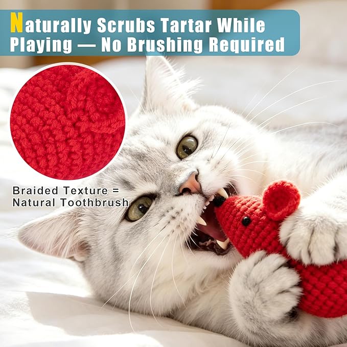 Retro Shaw Catnip Toys Crochet Mouse 6 Pcs - 100% Natural Catnip & Silvervine Blend Yarn Cat Nip Mice, Durable Hand-Knitted Teething Chew Toy for Indoor Cats & Kittens, Interactive Play & Dental Care