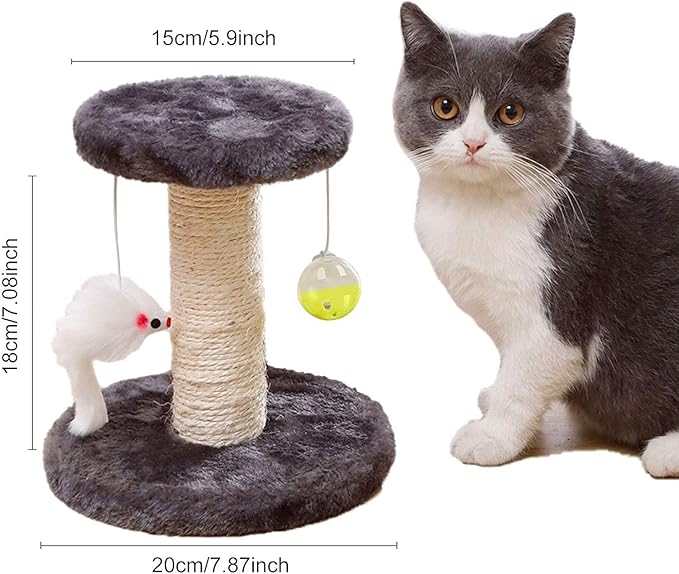 Small Cat Scratching Post and Small Cat Tree Natural Sisal Tower with Round Perch and Plush Ball Furniture Made for Small Cat, Kitten Relax Tree