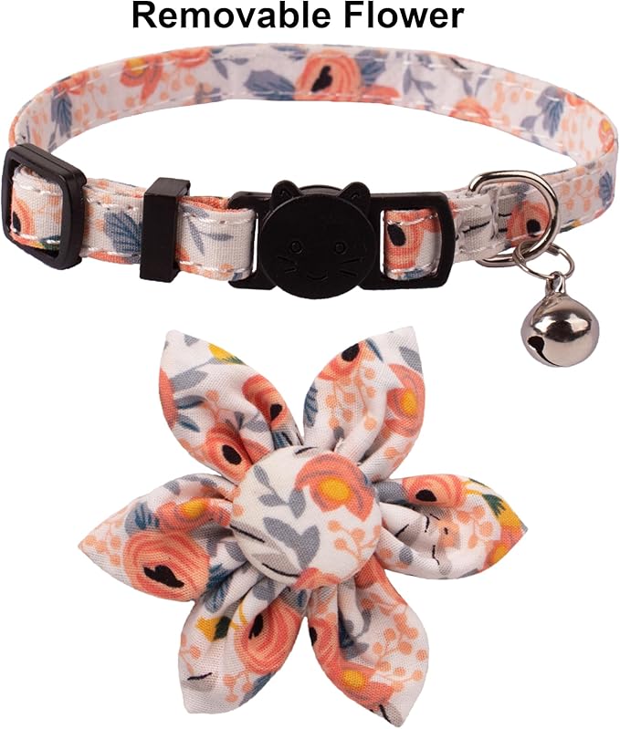 ADOGGYGO Floral Cat Collar with Bells, 2 Pack Girl Kitten Collar with Removable Floral, Adjustable Flower Collars for Cats (Orange & Blue)
