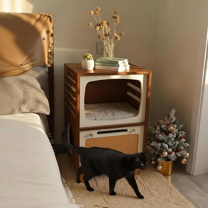 2-in-1 Wood Cat House & Side Table with Scratching Board - Retro TV Style Multi-Level Cat Bed and Furniture for Indoor Cats, Functional Home Decor for Living Room & Bedroom