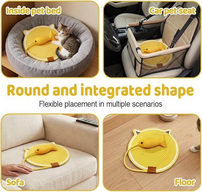 Cat Scratcher Mat Cotton Rope, Round Woven Scratch Pad with Fish Toy, Wear-Resistant Cat Bed Mat with Hanging Loop for Sleeping Scratching Furniture Protects