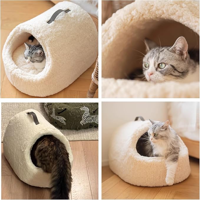 Cat Sherpa Cradle Cave, Plush Snuggle Winter Portable Warm Nest with Handle, Foldable Travel-Friendly Bed for Car and Home (Snow)