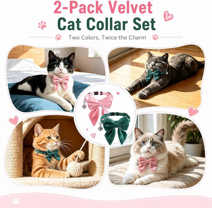 2 Pack Velvet Cat Collar with Bow Tie & Bell – Soft Adjustable Kitten Collar with Breakaway Safety Buckle, Cute Bowknot Collars for Cats & Puppies