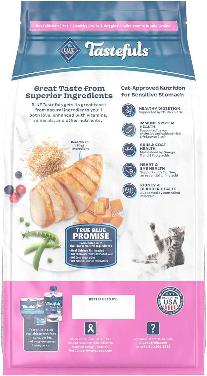 Blue Buffalo Tastefuls Adult Dry Cat Food Sensitive Stomach Formula, Made in the USA with Natural Ingredients, Chicken Recipe, 7-lb Bag
