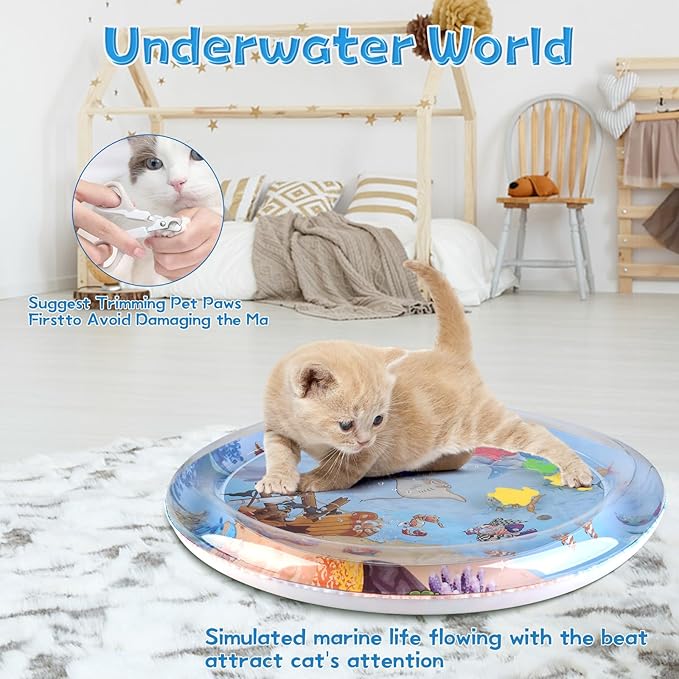 Cat Water Sensory Play Mat with Extra Protective Cover, Anti-Scratch Design Pet Water Mat for Bored Indoor Cats