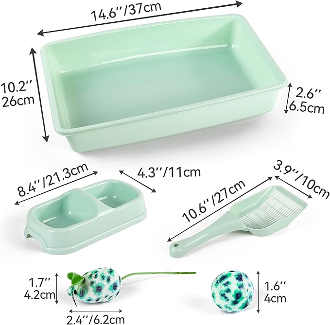 Green Cat Litter Box Set, Small Cat Kitten Starter Kit with Litter Scoop, Cat Bowl, Kittens Toy; Heated Cat Bed Indoor, Microwavable Heating Pads for Cats with 2 Cozy Covers