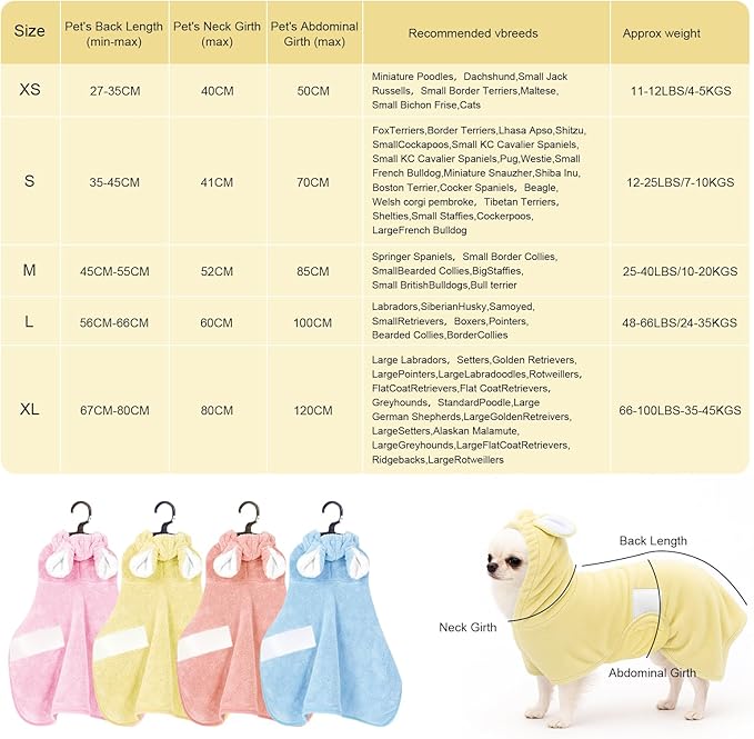 Pet Bathrobe Towel Dog Cat Drying Coat Super Absorbent Cute Dogs Bath Towel Hooded Robe Adjustable Collar & Belly Strap for XSmall to XLarge Pets (Yellow, X-Large)