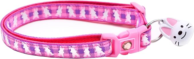 Easter Bunnies on Plaid Cat Collar with Bell | Safety Breakaway Collar | Adjustable Large Size or Kitten Collar (Purple, Large(10lbs & Up))