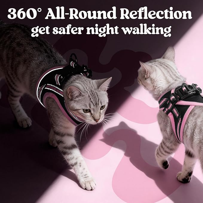 rabbitgoo Cat Harness and Leash Set for Walking Escape Proof, Adjustable Soft Kittens Vest with Reflective Strip for Cats, Comfortable Outdoor Vest, Black & Pink, L