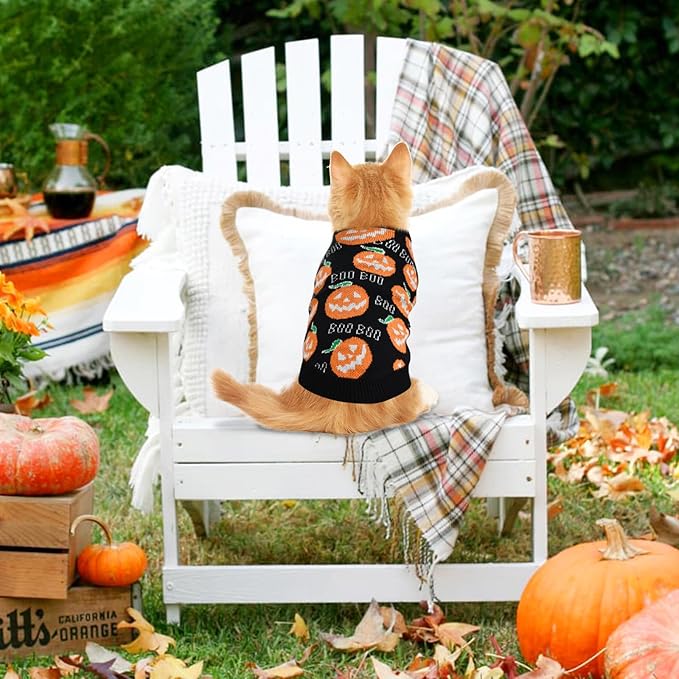 Pet Puppy Dog Halloween Sweater Cat Pumpkin Knitwear Clothes Costume with Cute Boo Pattern Halloween Sweater Coat for Kittens Small Dogs Cats S