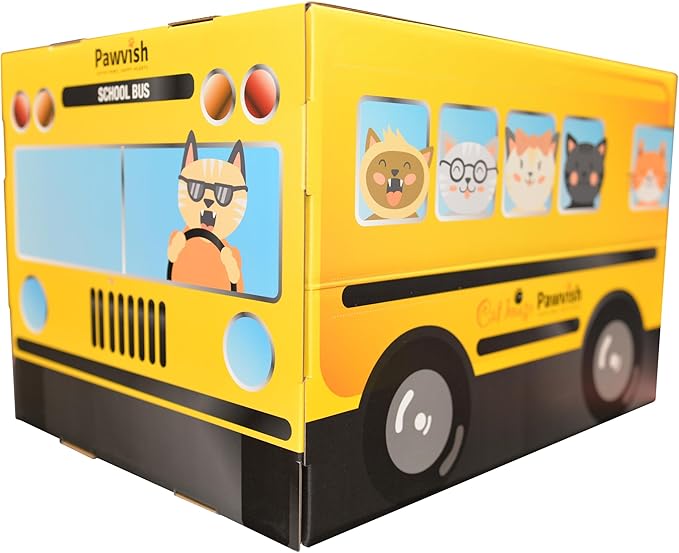 School Bus Cardboard Cat House and Scratcher, Play House, Scratching Pad, Corrugated Hideaway Cave, Cute Kitty Condos Box, Bed for Indoor Cats, Kittens, Bunny, Fur Babies